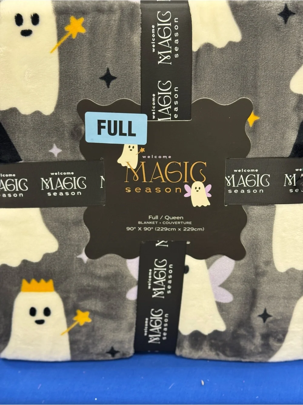 Magic Season Full/Queen Ghost Print Plush Blanket - Gray/White/Yellow